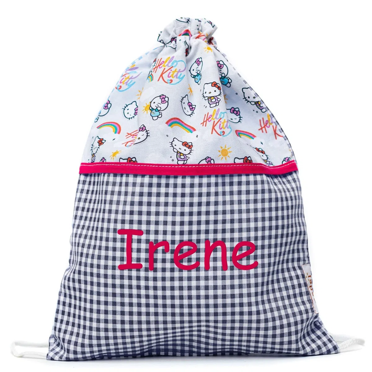 Nenel Conjunto Escolar para Colegio o guardería: Mandilón, babi o Bata Escolar + Bolsa merienda Bordado con el Nombre. Modelo Hello Kitty