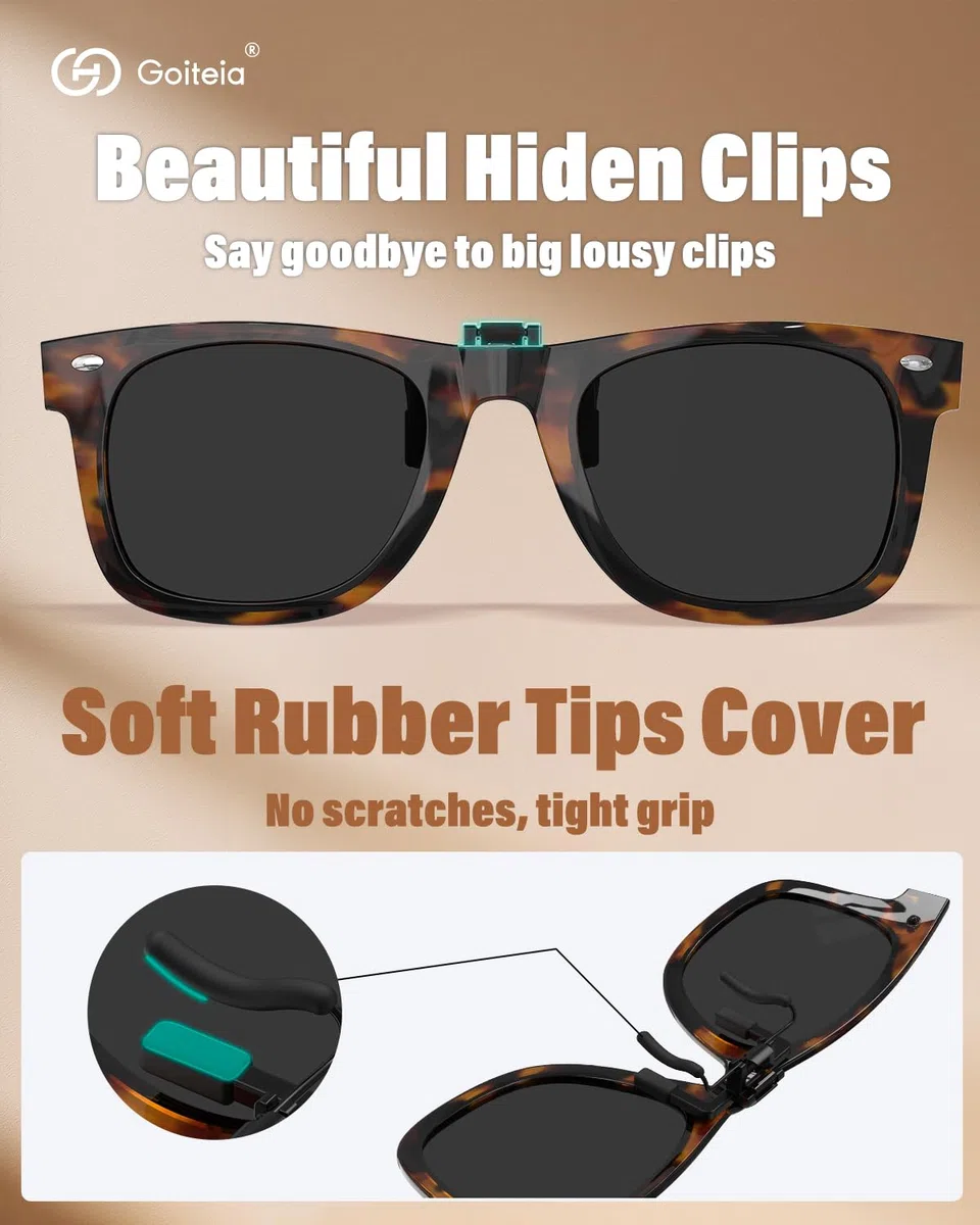 Goiteia Gafas de sol polarizadas con clip para mujeres y hombres, diseño retro enmarcado para ocultar tus gafas, protección UV400