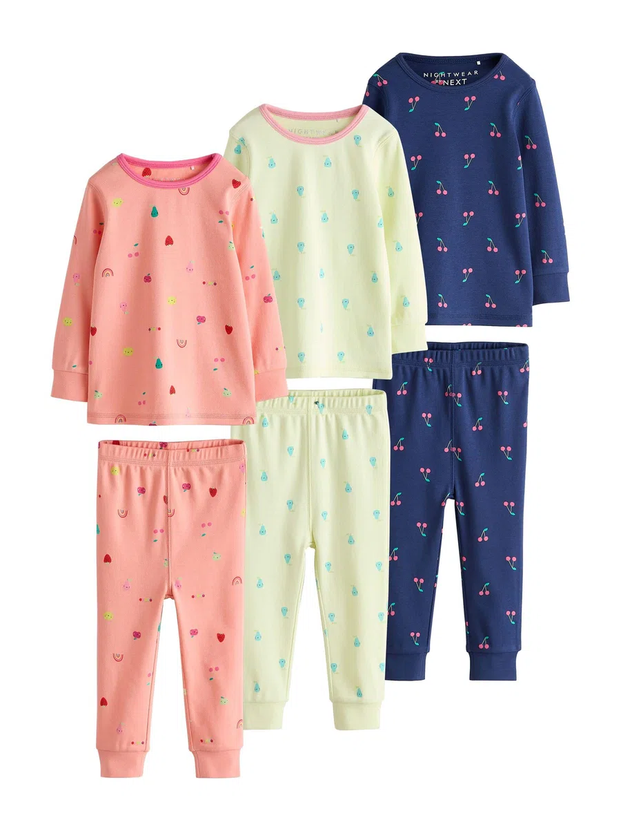 NEXT Niñas Pack de 3 minipijamas cómodos con Estampado de Fruta en Naranja, Azul Marino y Verde