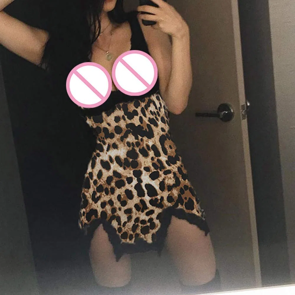 Mujer Sexy Color Negro Sensual y Elegante Fina Lenceria para DamaMujeres Ropa de Dormir Sexy Dama con Cuello en v Leopardo Encaje Honda Sexy Camisones Mujeres lencería