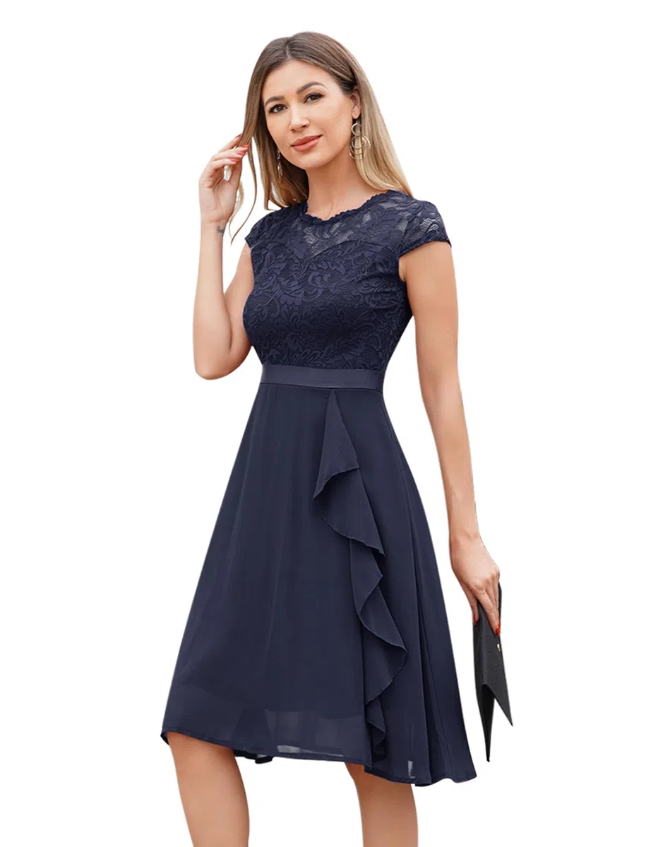 Odizli Vestido de cóctel para mujer, elegante, manga corta, encaje, volantes, gasa, festivo, boda, vestido de noche
