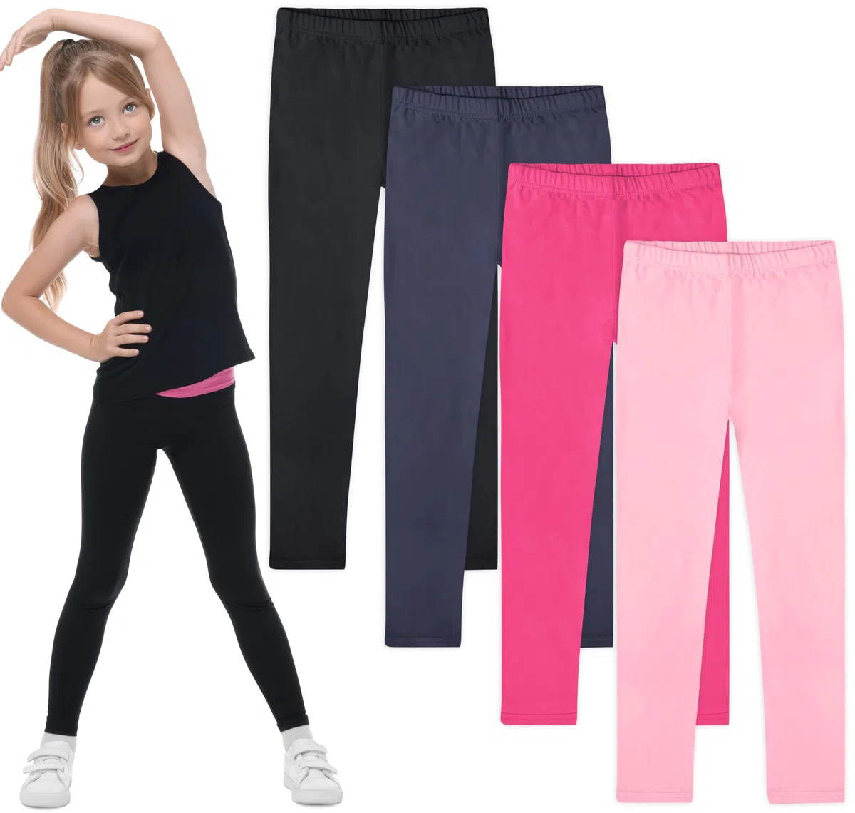 FEQO Paquete de 4 leggings de algodón para niñas de longitud completa, leggings elásticos sin pies