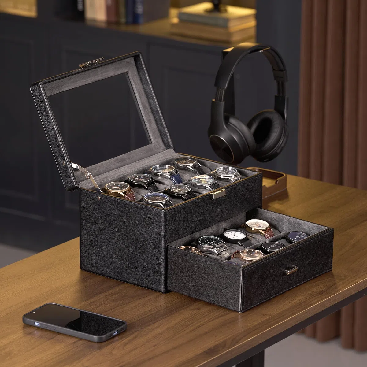 Caja para Relojes para Hombre, Organizador de Joyas con cajón, Estuche de exhibición con Tapa de Cristal - Negro, 16 Ranuras