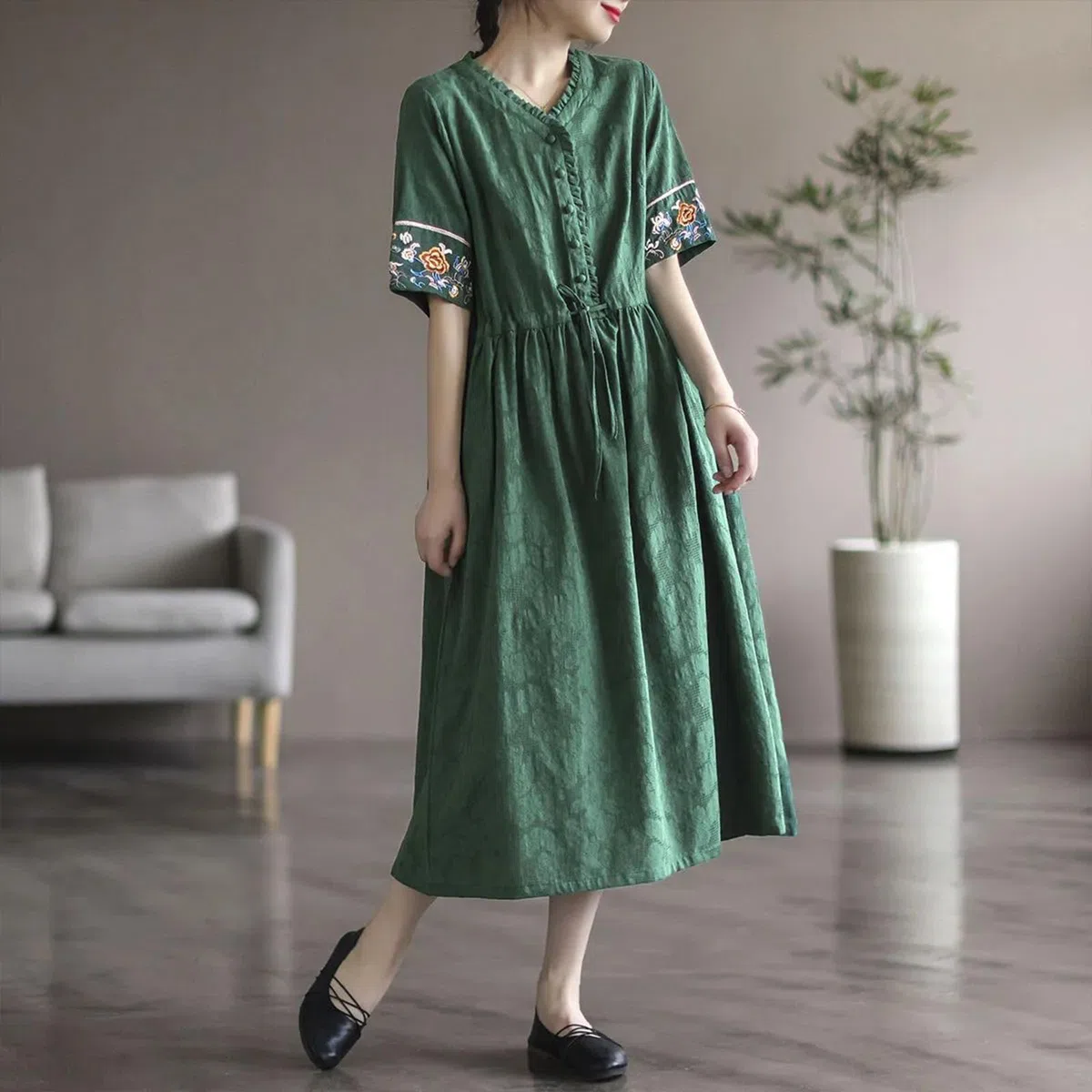 Vestido Largo Casual de Corte A con Mangas Bordadas, Vestido de Verano con Bordado Floral