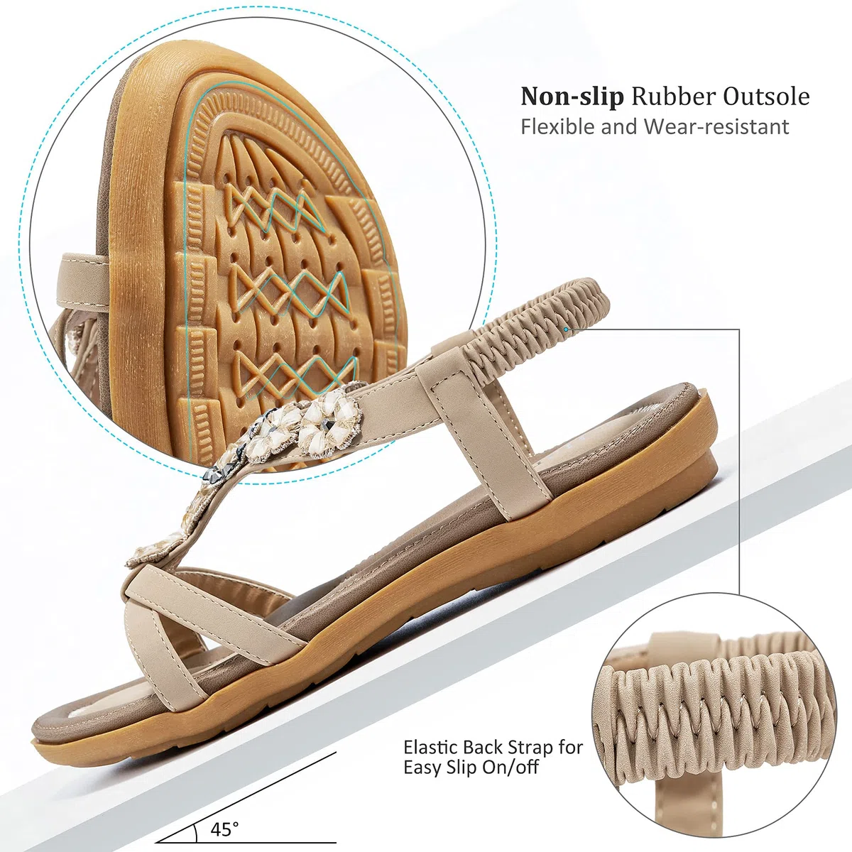 HARENCE Sandalias planas de verano para mujer: cómodas sandalias planas de vestir con correa elástica al tobillo, informales, sin cordones, puntera abierta, bohemias, para la playa