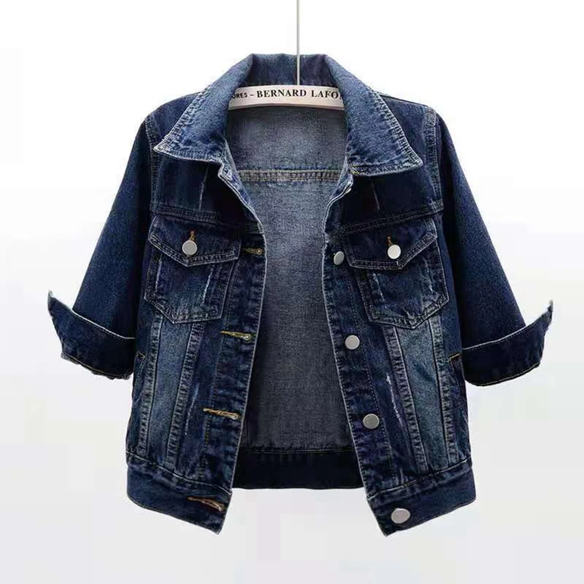 Chaqueta vaquera corta de manga para mujer, informal, a la moda, con botones, bolsillos, ideal para primavera y verano, varios lavados, estilo casual_2