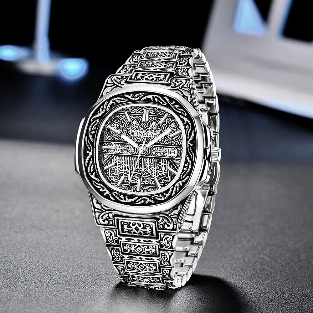 Relojes de cuarzo retro de los hombres con patrón de tatuaje tallado pulsera de acero inoxidable calendario impermeable reloj de pulsera