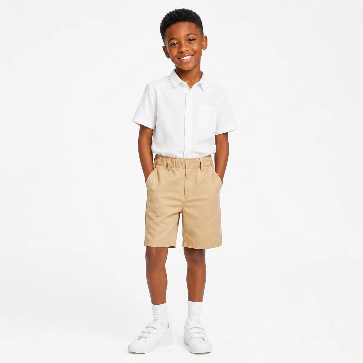 Mud Kingdom Pantalones cortos chinos de moda para niño, cintura elástica, parte delantera plana, uniforme escolar de verano