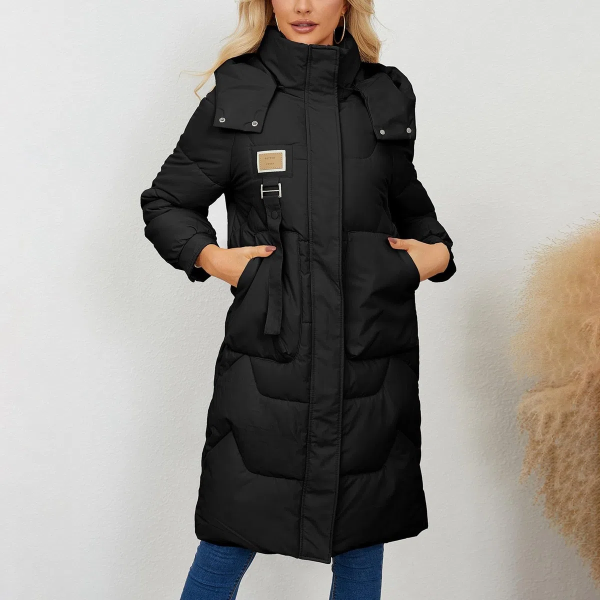Abrigo de plumas para mujer, largo de invierno, grueso, abrigo de invierno, cálido, con capucha, chaqueta de plumón, cómoda chaqueta amortiguadora, cuello alto, abrigo largo acolchado, ligero