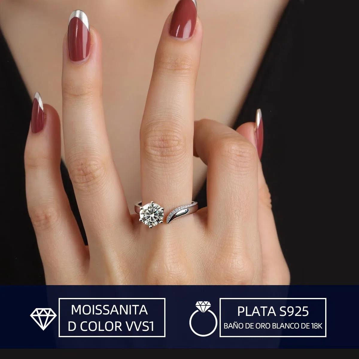 FEIKFEIZ Anillo de moissanita para mujer, diamante cultivado en laboratorio de 1-2CT, plata 925 bañada en oro blanco de 18K, anillo ajustable, anillo de compromiso.
