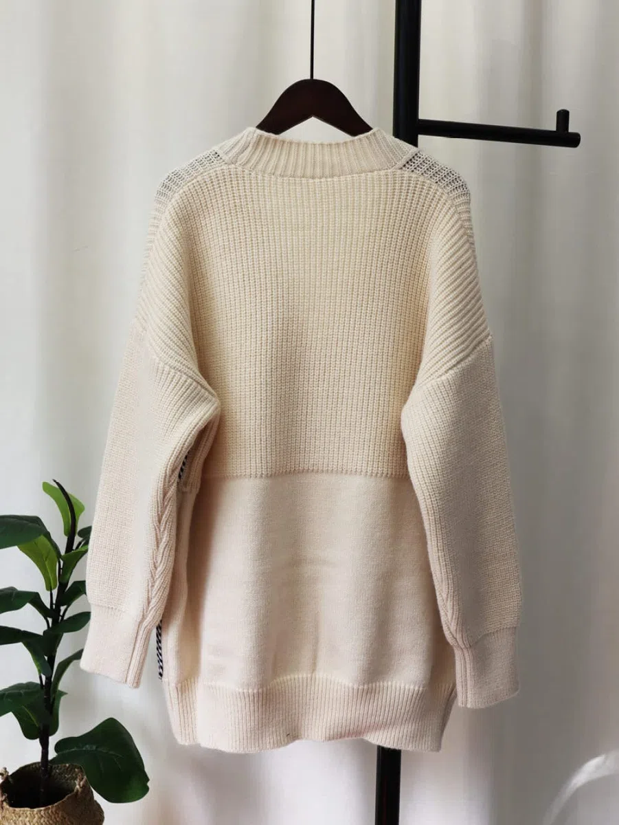 Cárdigans Para Mujer,Cárdigans De Punto Para Mujer Moda Beige Denim Bolsillo De Empalme Cuello En V Botón De Manga Larga Suéteres Delanteros Abiertos Cárdigan Otoño Vintage Suelto Prendas De A