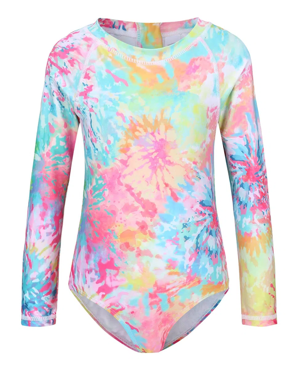 Trajes de baño de una pieza de manga larga para niñas, con estampado de teñido anudado, UPF 50+, camisetas de natación de 3 a 16 años