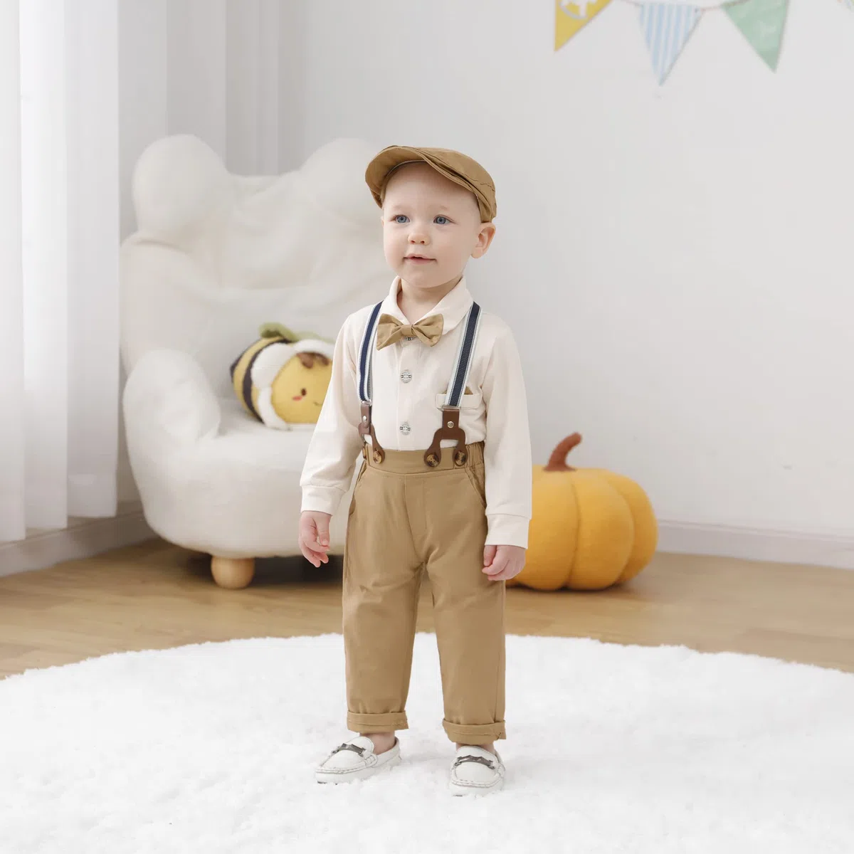 nilikastta Trajes de boda para bebé niño, ropa para bebé, camisas, pantalones de tirantes, corbatín, boina, sombrero de 0-18 meses