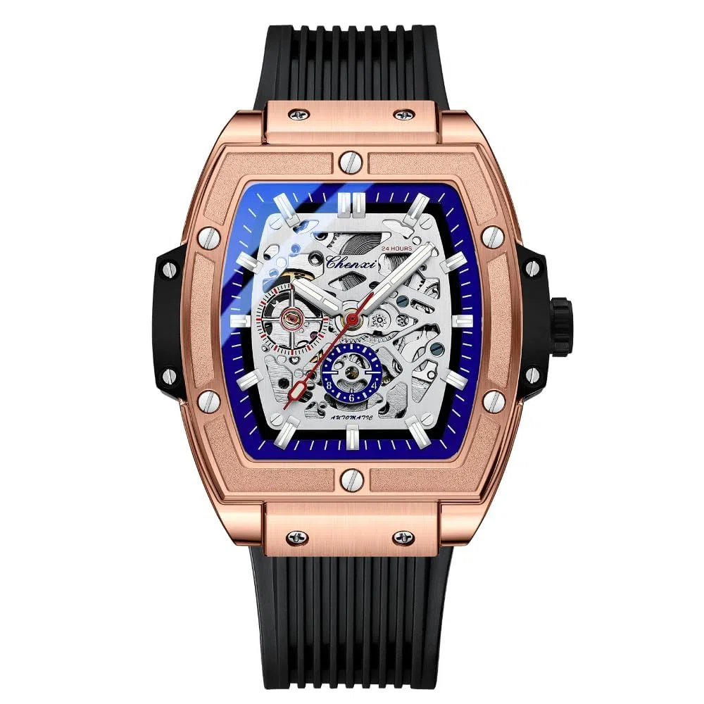 Reloj cuadrado cuadrado mecánico automático de alta calidad con cinta de silicona hueca impermeable y luminoso para hombre, Oro Rosa, Negocios