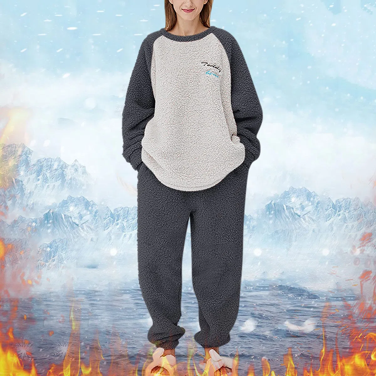 Pijamas de invierno y otoño para mujer, con bloques de color, manga raglán, conjunto cómodo de forro polar cálido, conjunto de pijama de dos piezas, pijama de algodón ligero para mujer, pijama de