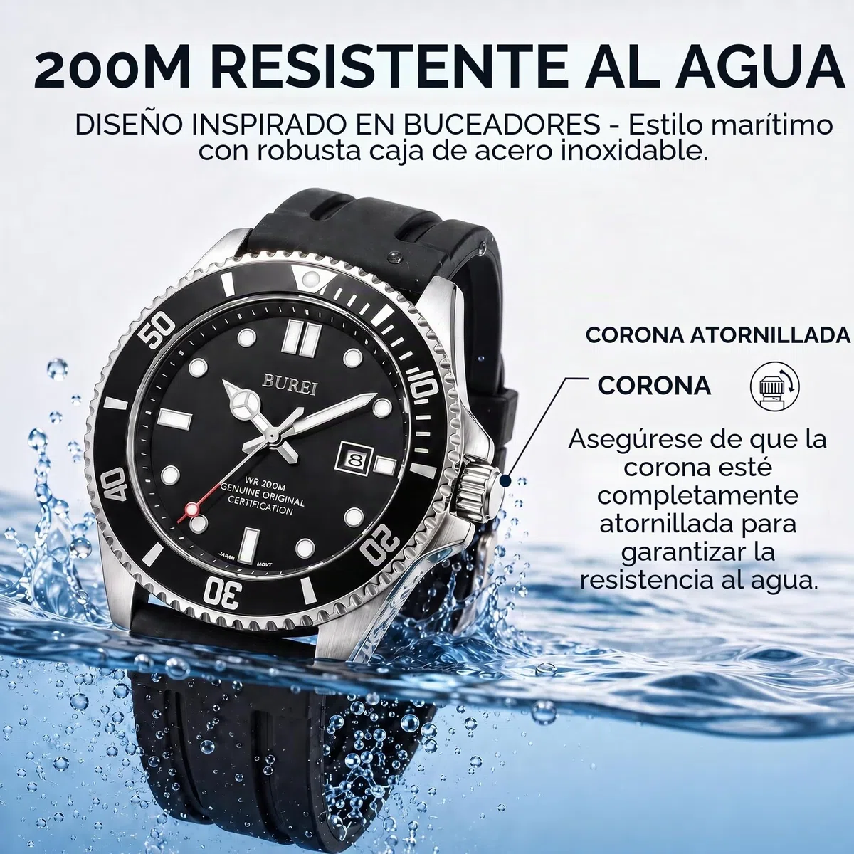 BUREI - Reloj de Buceo para Hombre, Resistente al Agua hasta 200 m, Cuarzo analógico, de Acero Inoxidable, de Moda, clásico, para Trabajo y Negocios, con Fecha automática
