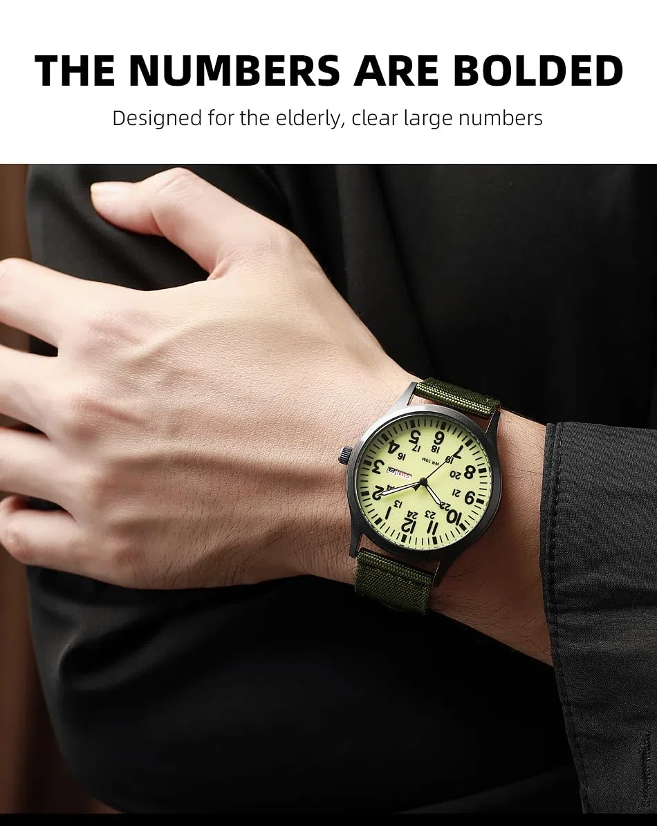 Gosasa Relojes militares unisex deportivos con correa de nailon elegante para hombre, reloj de moda luminoso, pantalla analógica, cuarzo, impermeable, reloj de pulsera casual, L-Verde Luminoso, Casual