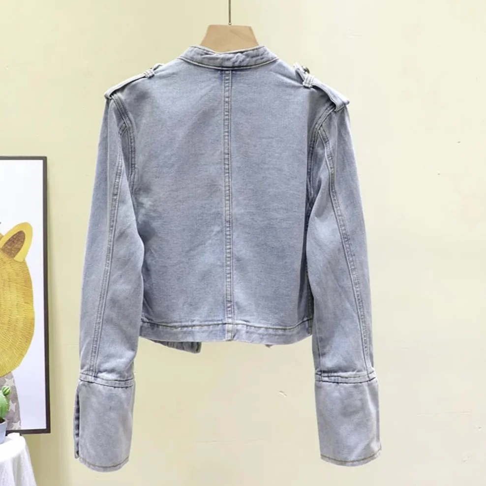 Hndudnff Chaquetas de mezclilla con cuello alto militar para mujer, chaqueta de mezclilla corta de doble botonadura