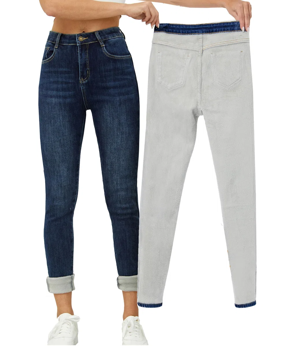 Yehopere - Pantalones vaqueros de invierno con forro polar para mujer, corte ajustado, cálidos, cintura alta, XS