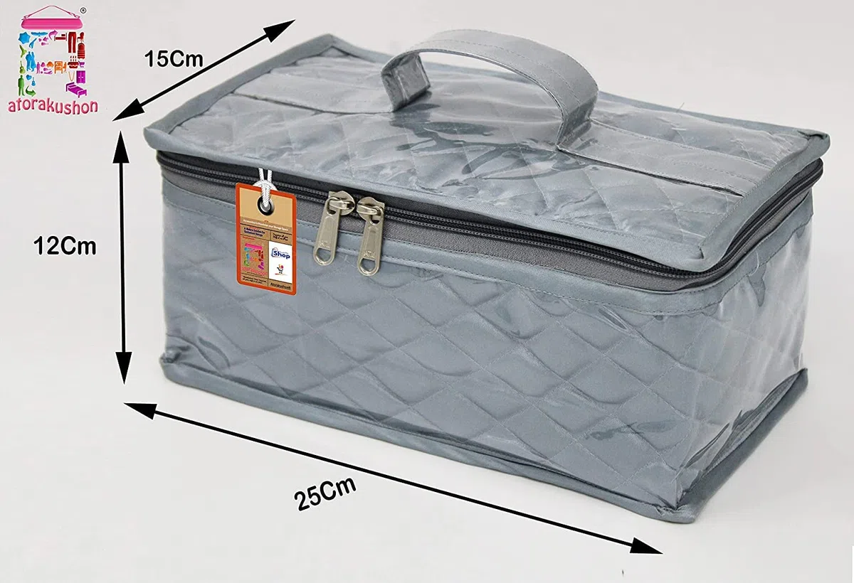 atorakushon Kit de maquillaje de satén, Organizador de Almacenaje de Joyas de Viaje, Bolsa de Mano para Collares, Aretes, Anillos y Pulseras, Color Gris