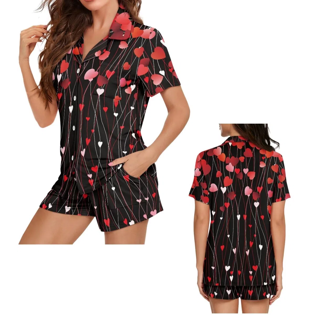 Conjunto de pijama a juego para parejas, de manga corta, con botones, ropa de dormir, Corazones rojos, XL