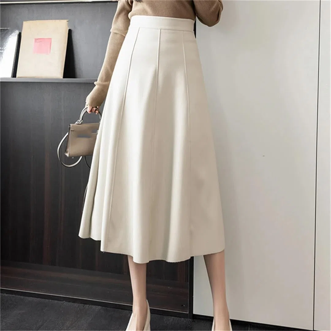 Otoño Invierno Mujeres PU Cuero Faldas Elegante Sólido Patchwork Cintura Alta A-Line Midi Falda