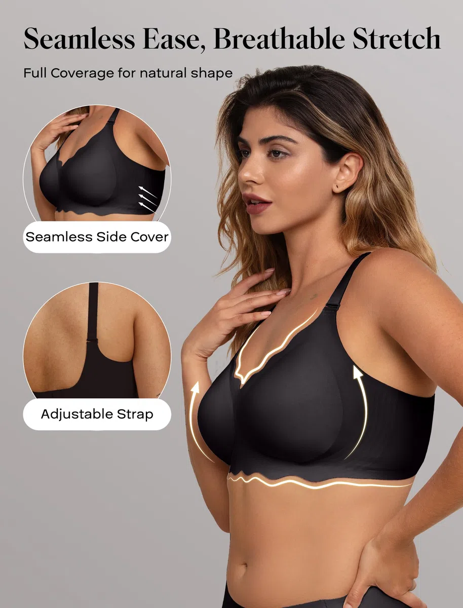 COMFELIE Brasier sin costuras para mujer, cobertura completa, sin aros, cuello en V profundo, espalda en U y ribete de encaje