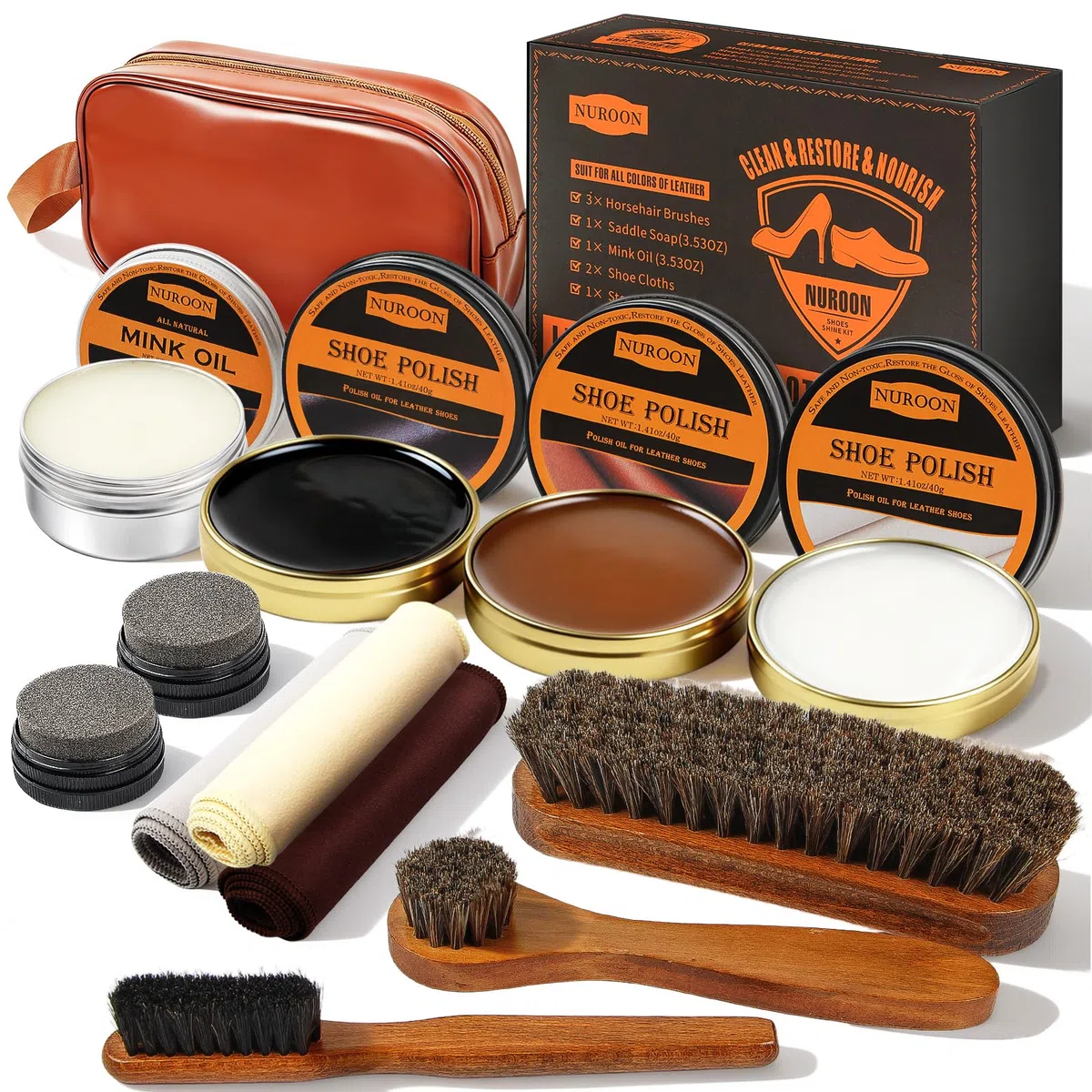 Kit de cuidado de zapatos de 13 piezas, cepillo de pulido de zapatos de crin, esmalte de zapatos negro marrón neutro, acondicionador de cuero de aceite de visón para botas, esponjas de brillo de