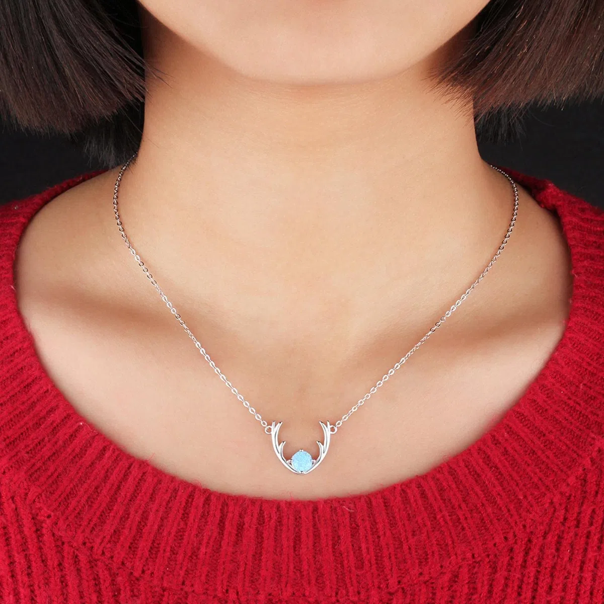 SALAN Collar con Forma De Astas De Ciervo De Alce De Joyería Fina De Plata De Ley 925 con Collares Y Colgantes De Ópalo Azul para Mujer
