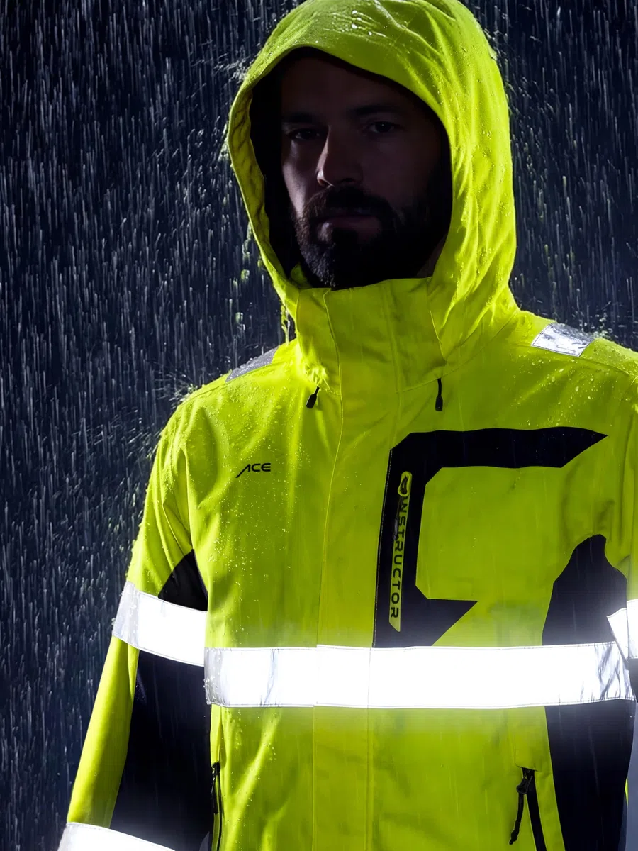 ACE Constructor HiViz Chaqueta impermeable: chaqueta de alta visibilidad impermeable con reflectantes y capucha - Normas EN ISO 20471 y EN 343 - Tallas S a 4XL