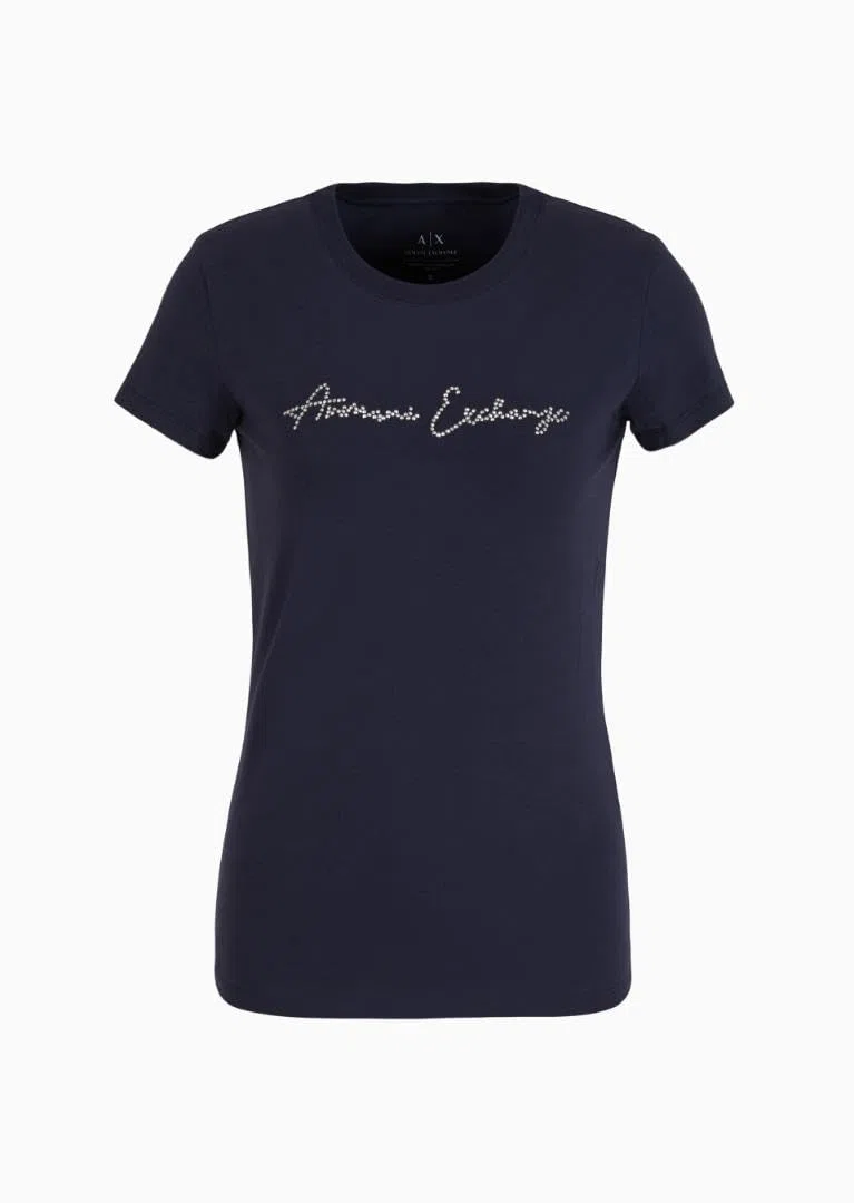 Armani Exchange Rhinestone Script Logo Cotton Crewneck T-Shirt Camiseta Mujer