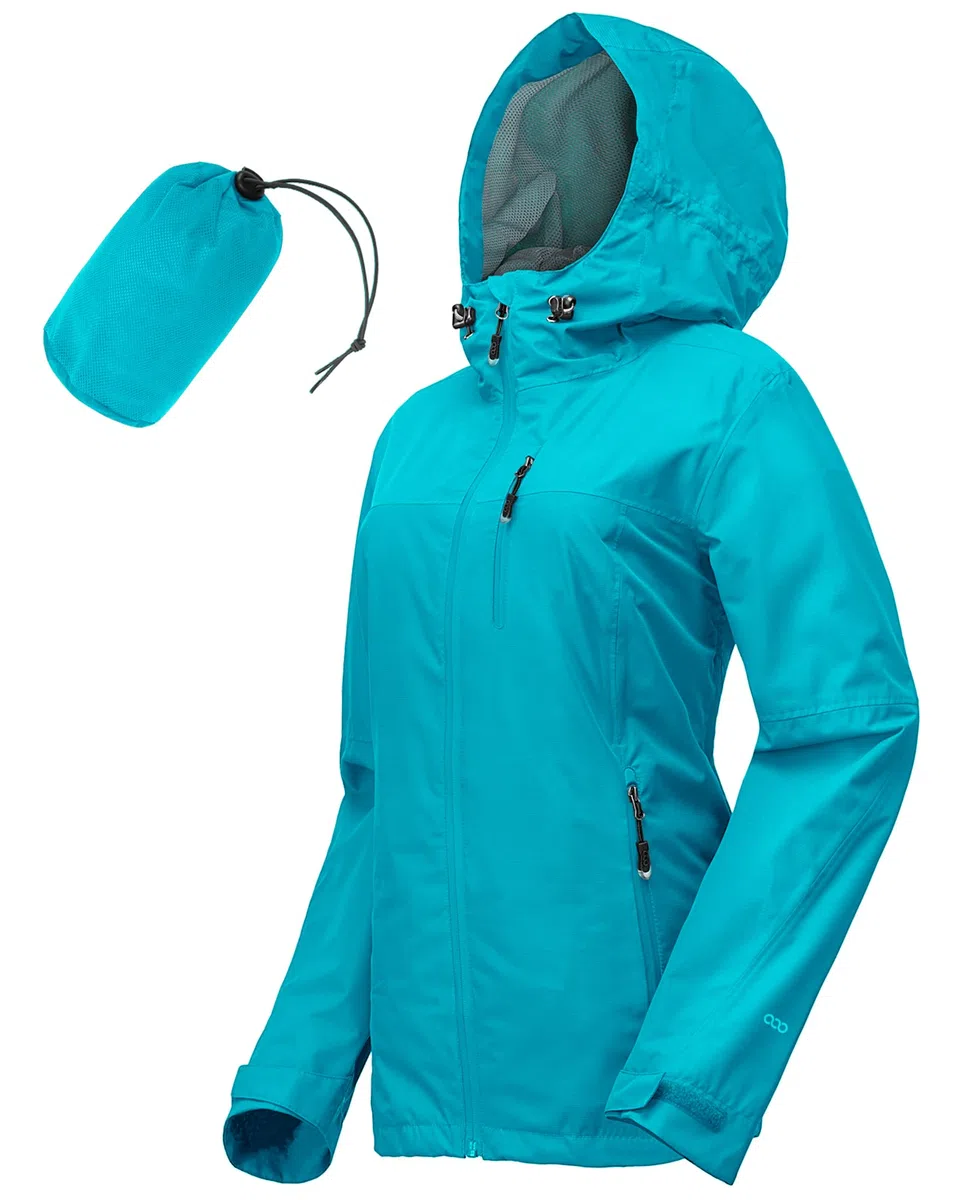 33,000ft Chaqueta impermeable para mujer, chaqueta de entretiempo transpirable, chaqueta ligera con capucha, cortavientos para senderismo, viajes, ciclismo, azul verde, 38