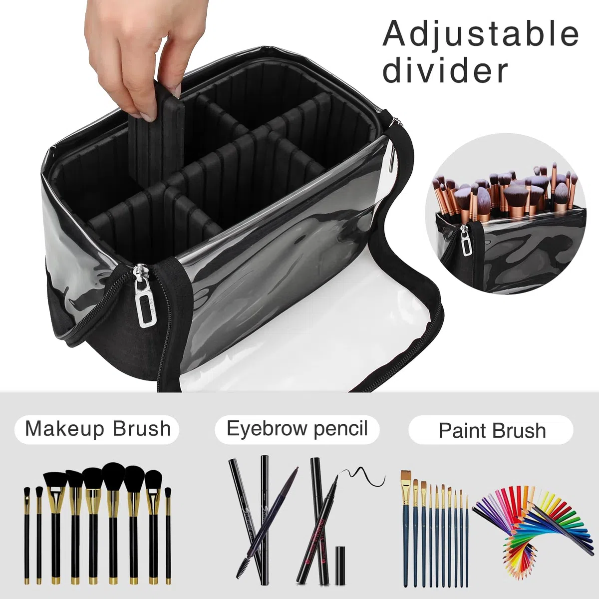 Neceser de maquillaje, bolsa para pinceles de maquillaje, organizador de maquillaje, bolsa de aseo de pie, resistente al agua, maletín de cosméticos con divisor ajustable, para mujeres y niñas
