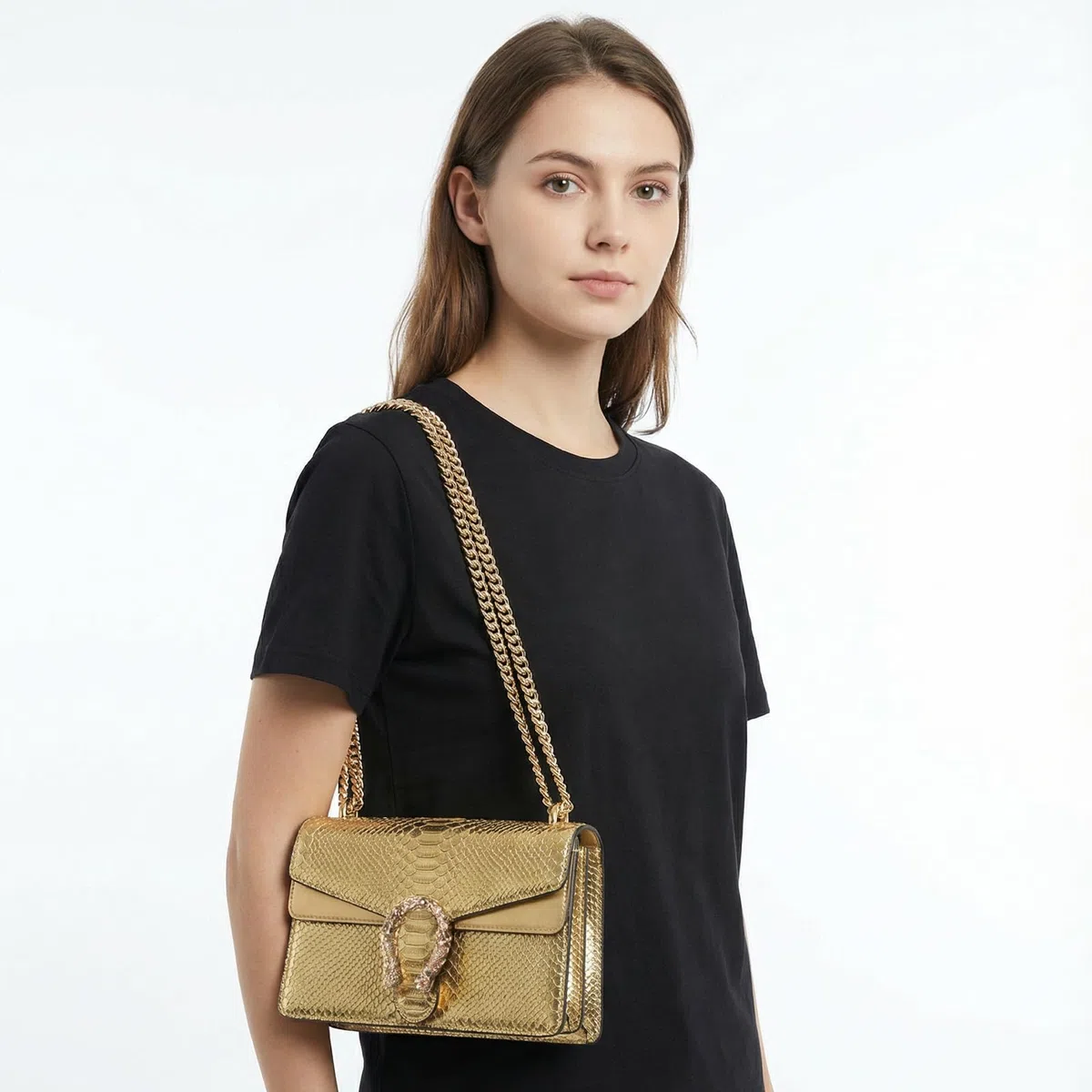 Bolso bandolera y de mano, de piel sintética, de mujer, con estampado de serpiente clásico, con cadena.