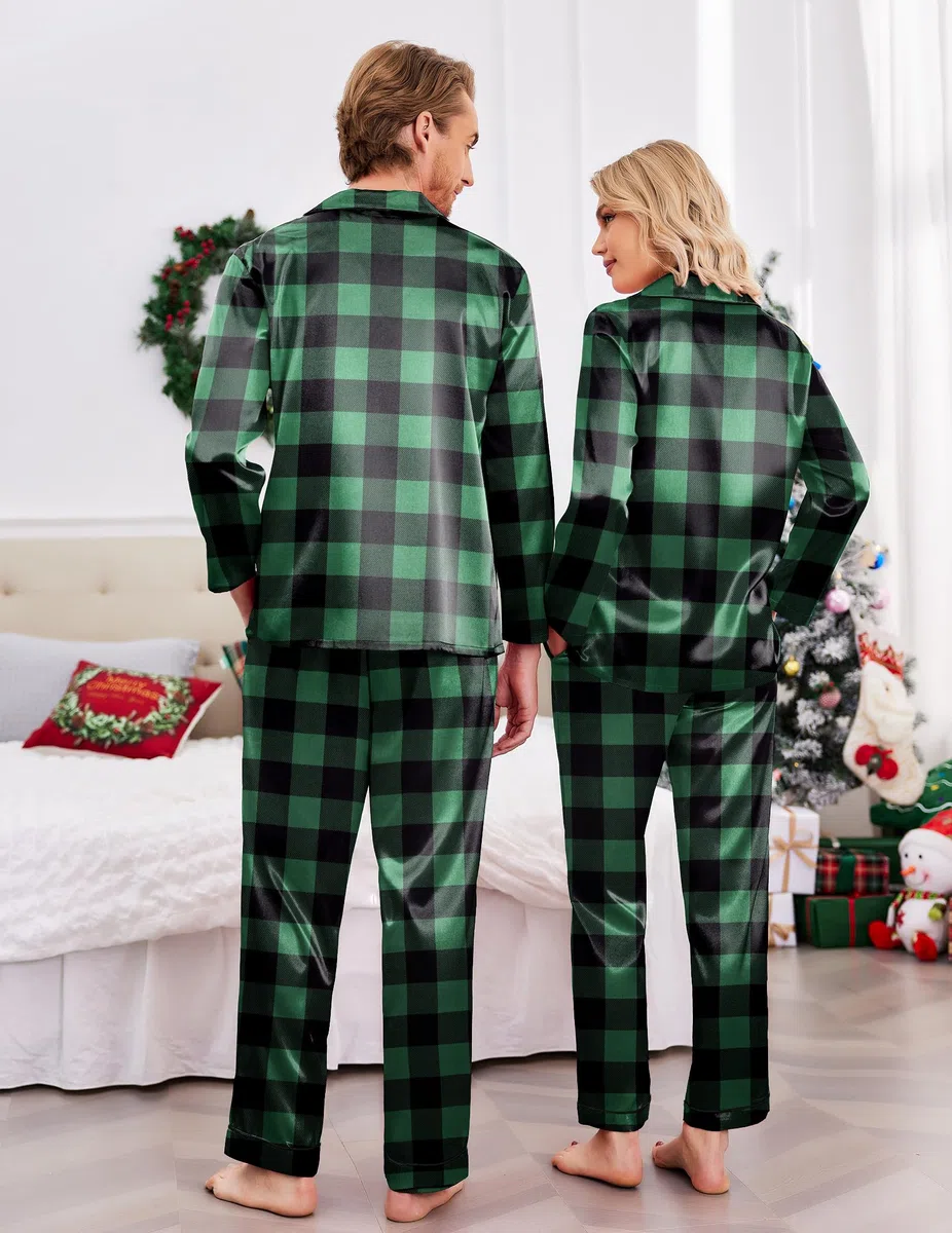 Ekouaer Pijamas a juego para parejas, de seda, de manga larga, de satén, suave, con botones, tallas S-XXL, Cuadros negros y verdes., Medium