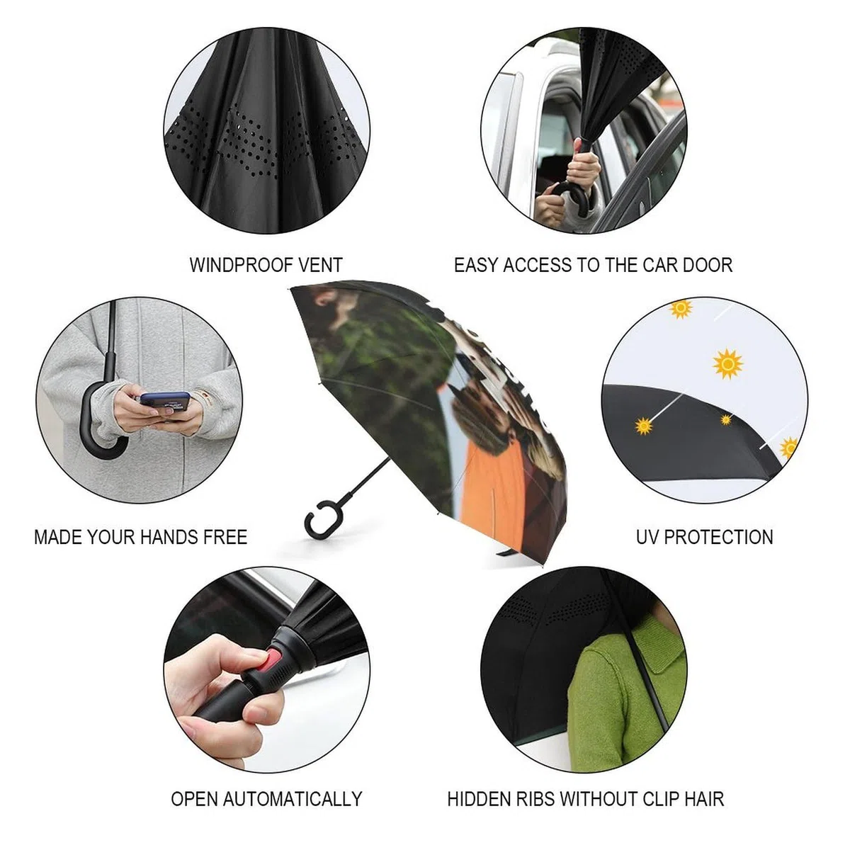 personalizados PARAGUAS grande invertido,Gran Paraguas Plegable con Apertura Automática, a Prueba de Viento, Parasol Anti-UV, construcción de doble capa, mango en forma de C, para mujeres y hombres
