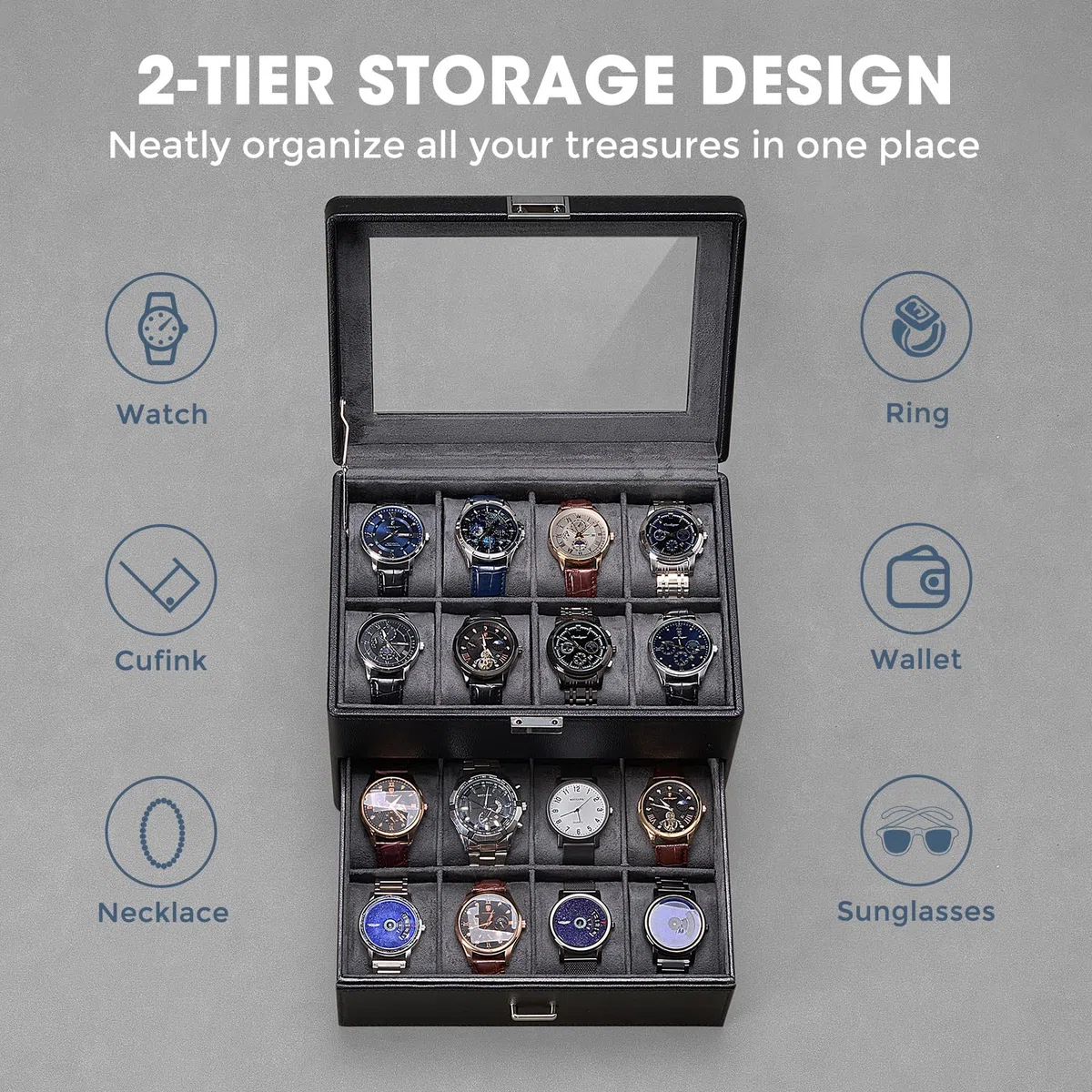 Caja para Relojes para Hombre, Organizador de Joyas con cajón, Estuche de exhibición con Tapa de Cristal - Negro, 16 Ranuras