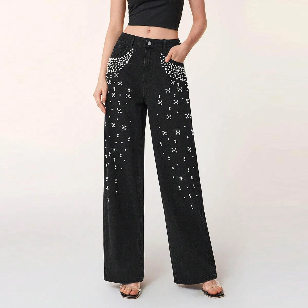 Pantalones Vaqueros De Mujer con Perlas Y Pedrería, Estilo Y2k; Corte Recto Y Ancho De Tiro Alto, Estilo Boyfriend Holgado, Casual Y De Tendencia.