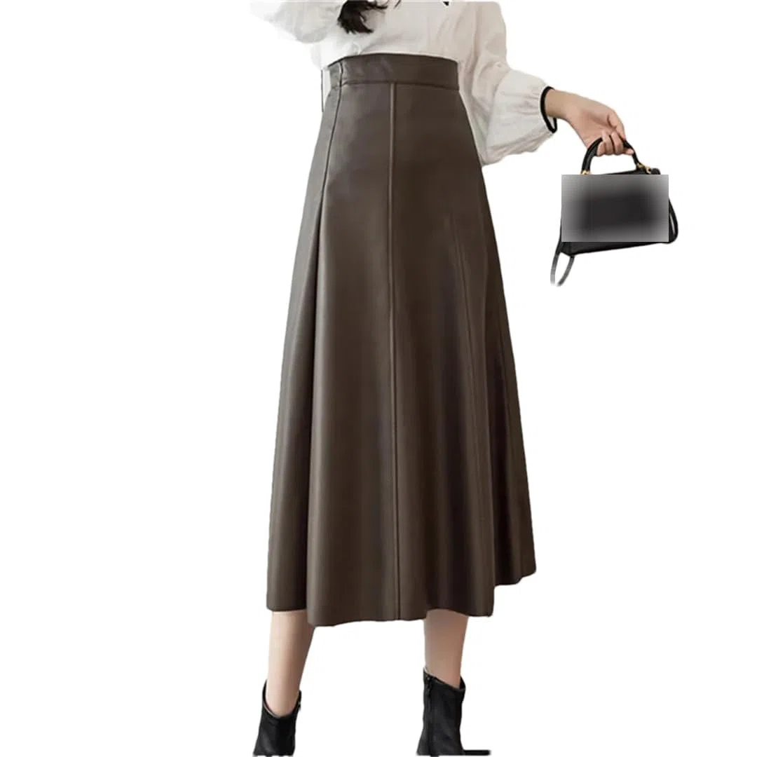 Otoño Invierno Mujeres PU Cuero Faldas Elegante Sólido Patchwork Cintura Alta A-Line Midi Falda