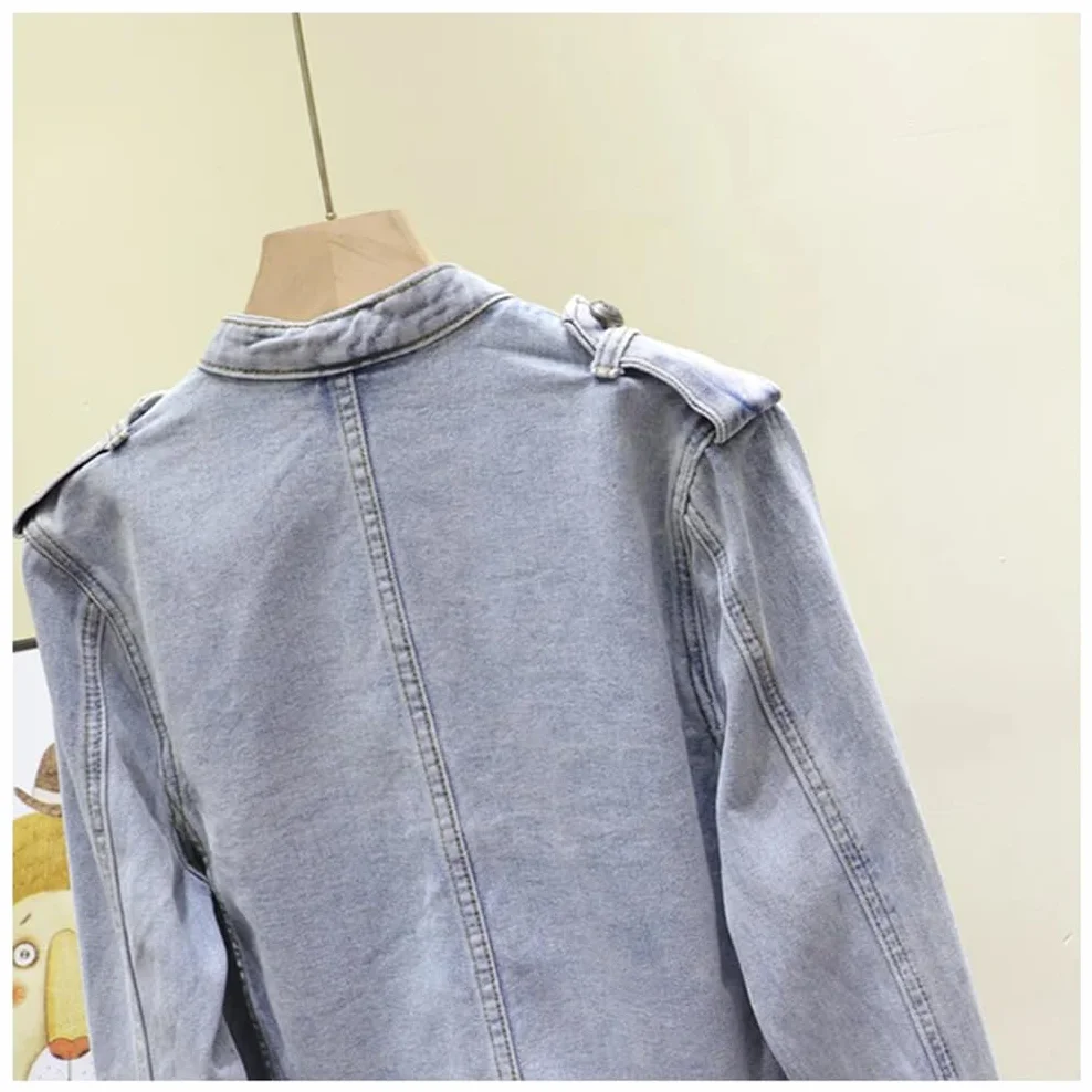 Hndudnff Chaquetas de mezclilla con cuello alto militar para mujer, chaqueta de mezclilla corta de doble botonadura