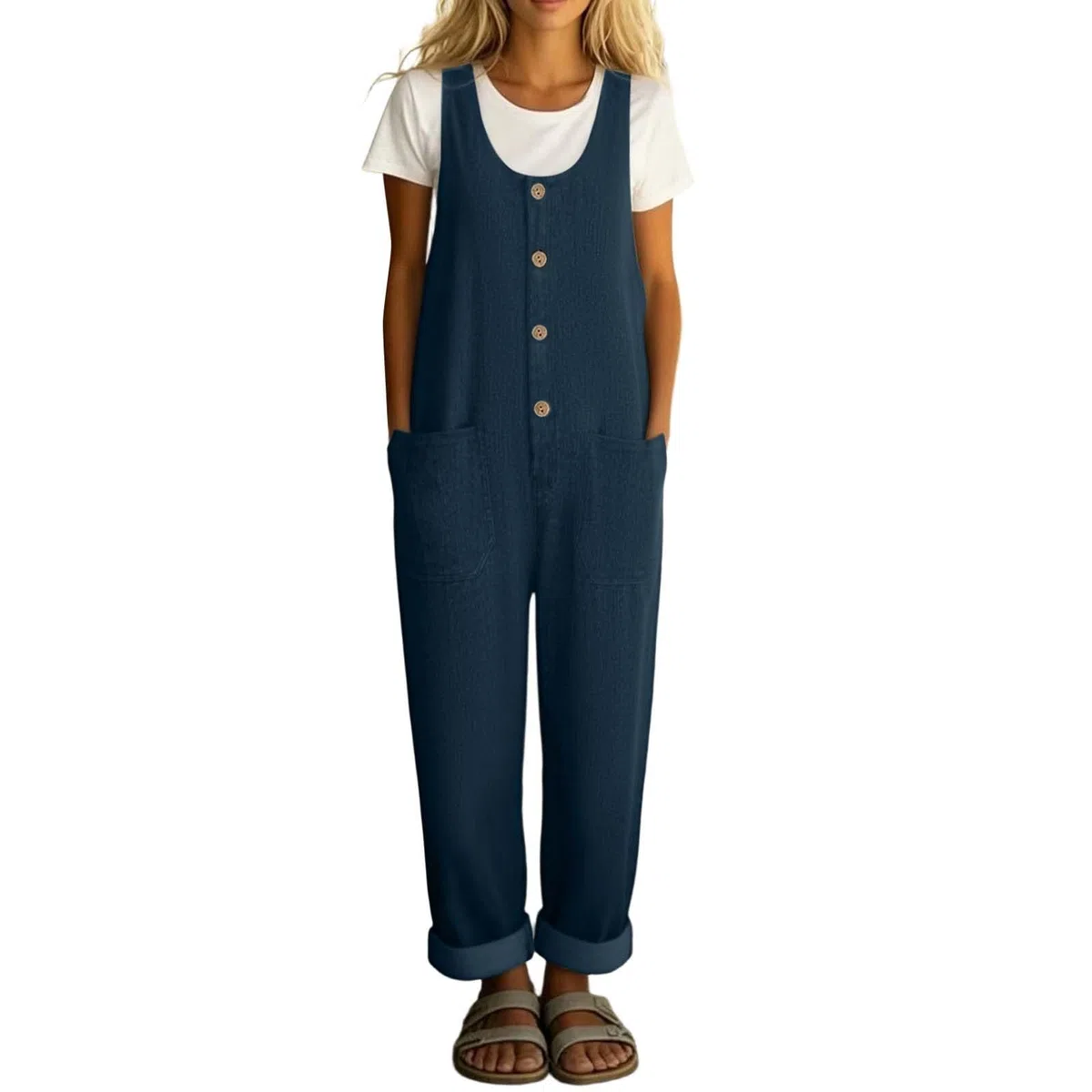 Mono sin Mangas para Mujer con diseño de Pierna Ancha y cinturón para un Estilo Vaquero Moderno.
