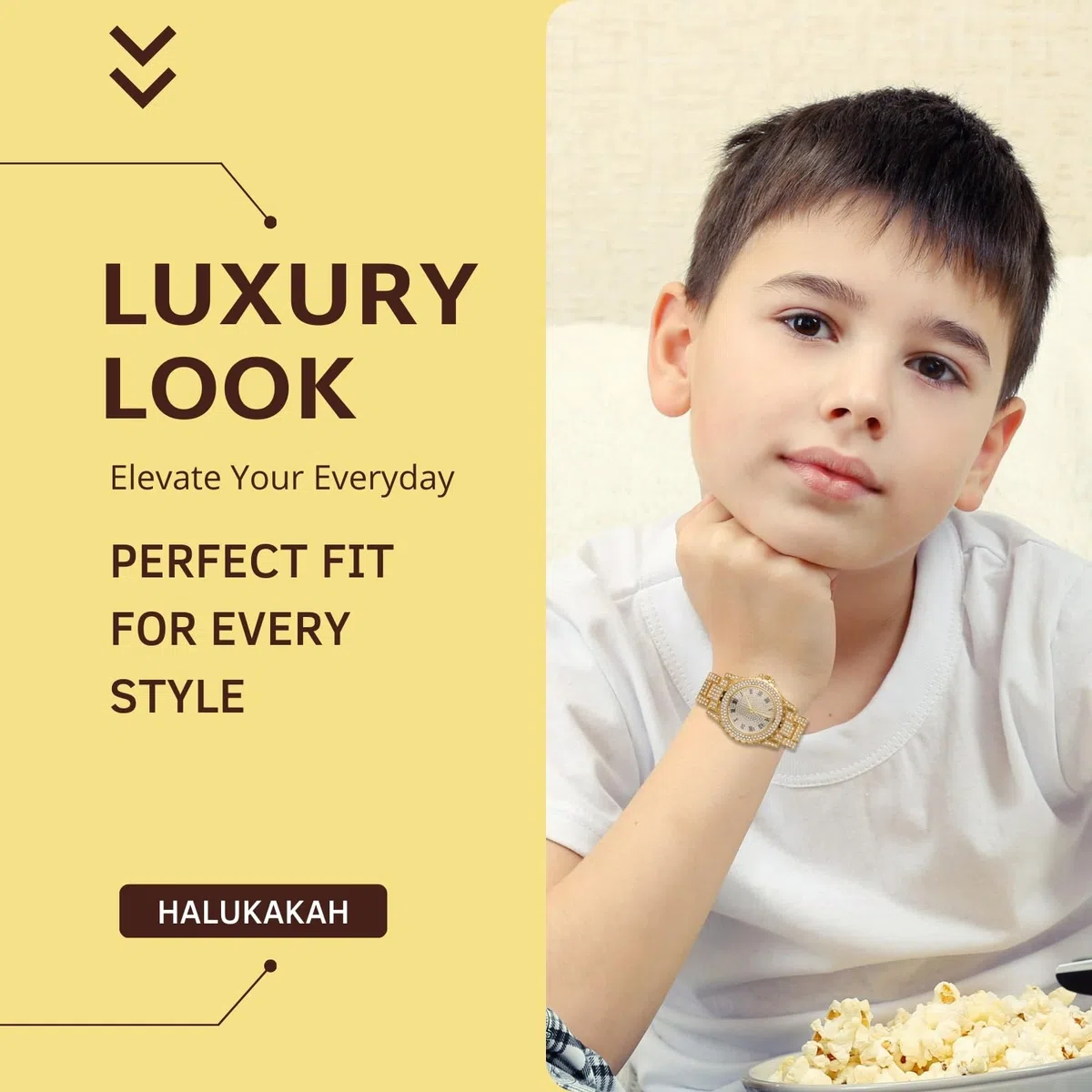 HALUKAKAH Reloj de Oro con Diamantes para Niños,Adolescentes - Chapado en Oro 18K/Platino,Esfera Redondo 39mm,Cuarzo Japonés - Longitud 19cm - Opcional con Cadena Cubana,Herramienta de Ajuste Incluye