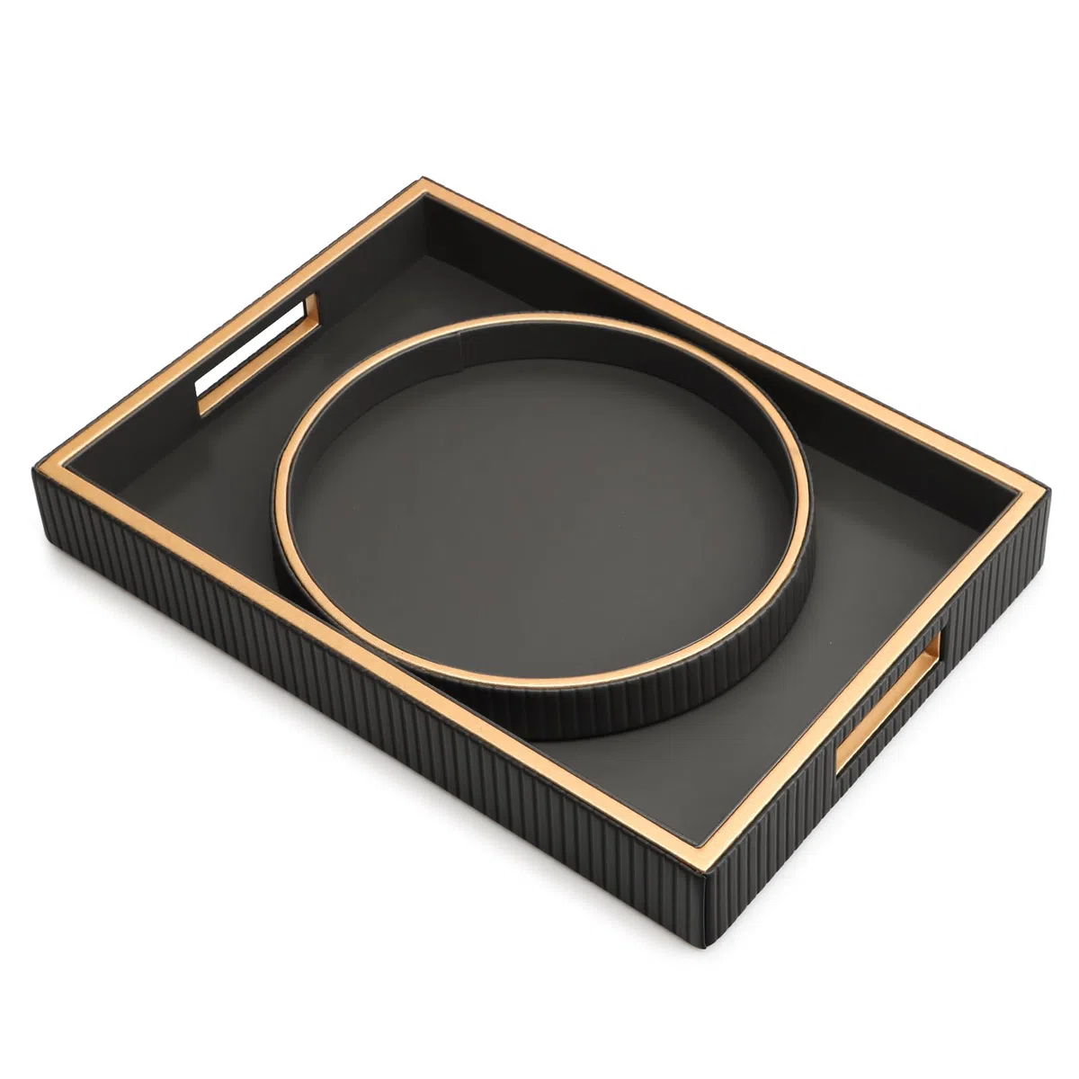 SANZIE Bandeja de cuero organizadora de almacenamiento de escritorio, bandeja decorativa de alta calidad, apta para cosméticos, cartera de teléfono, cubiertos (soporte negro con disco)