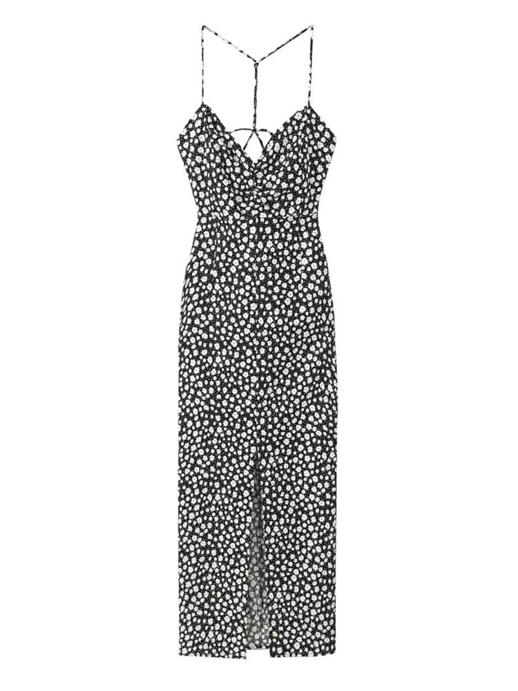 Vestido de playa bohemio con estampado floral para mujer, cuello en V, sin mangas, espalda descubierta, vestido largo midi para mujer, Y2k