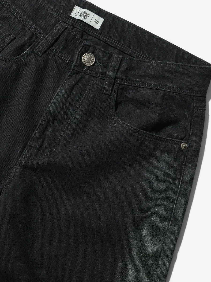 The Souled Store Dark Sapphire Pantalones vaqueros de mezcla de algodón para hombre y niño, corte recto, acampanados, formales, elásticos, con botones, estilo de cintura