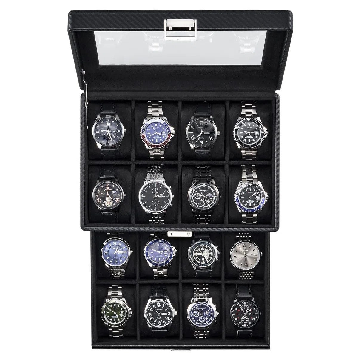 Caja para Relojes para Hombre, Organizador de Joyas con cajón, Estuche de exhibición con Tapa de Cristal - Totalmente Negro, 16 Ranuras