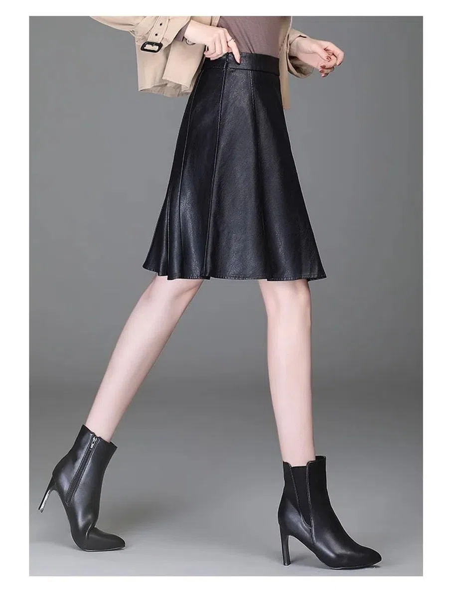 Falda corta de piel sintética para mujer, cintura alta, elegante, para oficina, falda acampanada