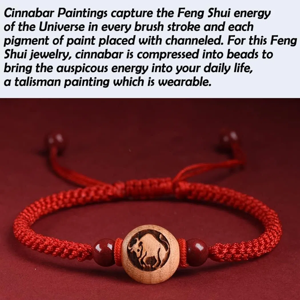 Pulsera Feng Shui, Riqueza, Piedra Cinabrio, Encanto Animal del Zodíaco Chino, Pulsera de Cristal de Chakra de Hilo Rojo, Amuleto de Buena Suerte