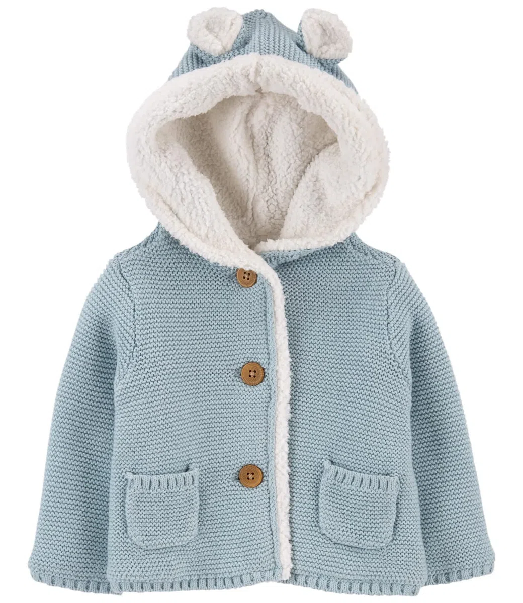 Carter's Chaqueta tipo cárdigan unisex con capucha y forro de sherpa con botones frontales para bebés y niñas