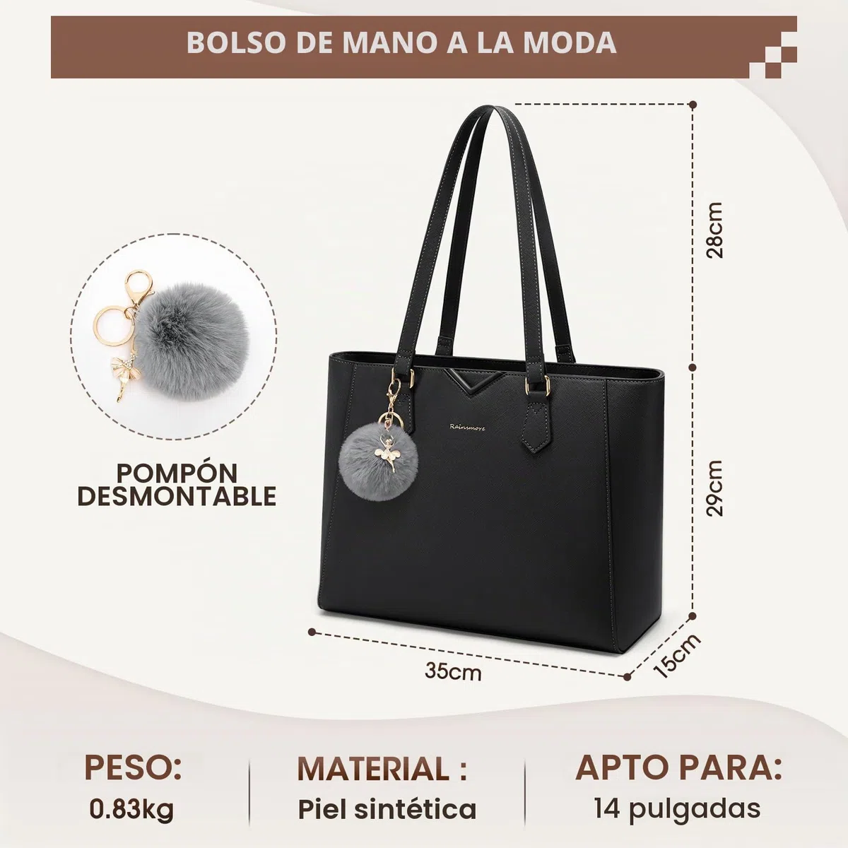 RAINSMORE Bolso Mujer Grande Bolso Universidad Impermeable Bolsos Shopper Tote Mujer para Portátil Cuero PU con Pompon Extraíble para Trabajo Escuela Viajes